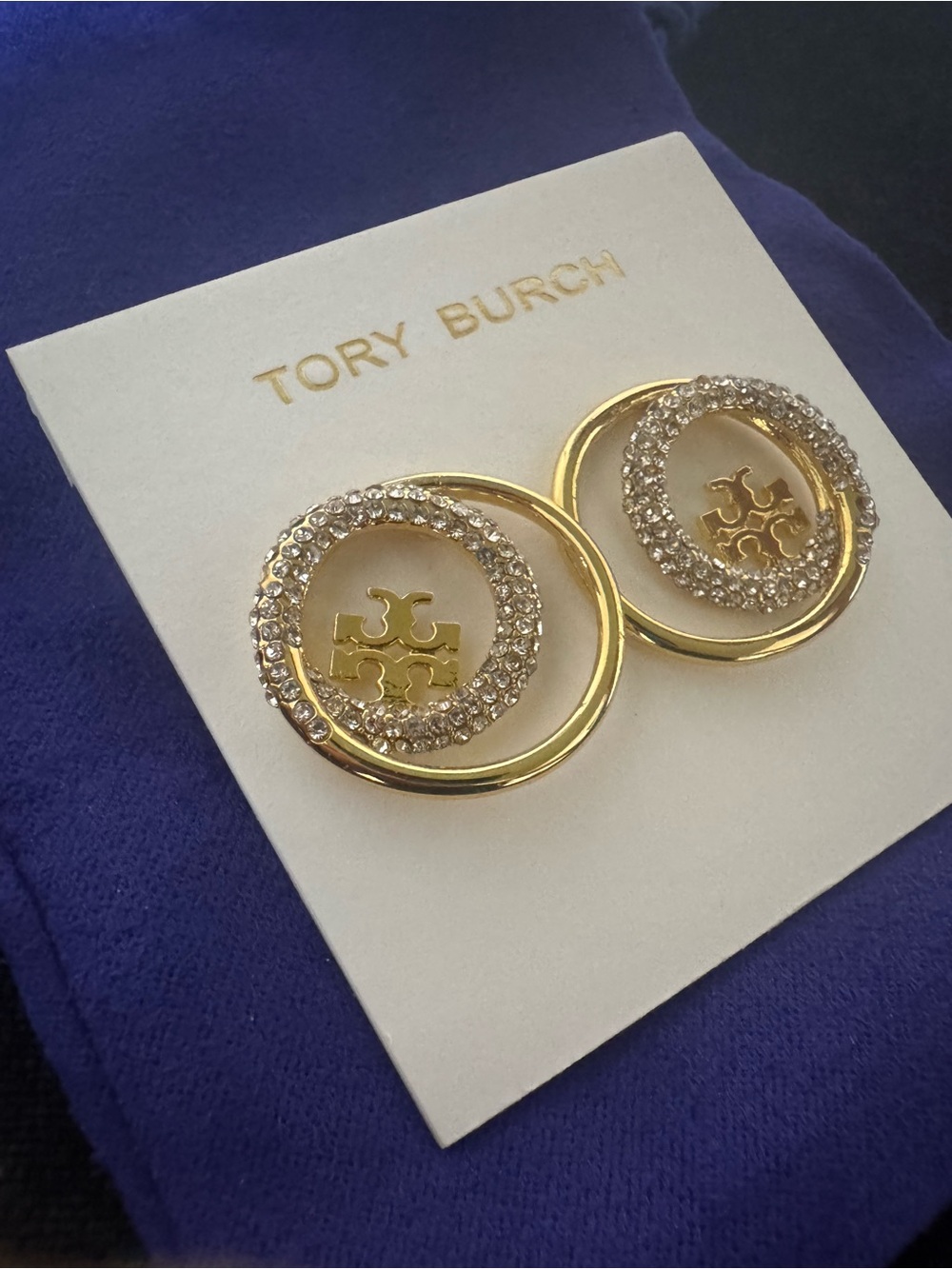 Tory Burch Gold Crystal Double-Ring Logo Drop Earrings